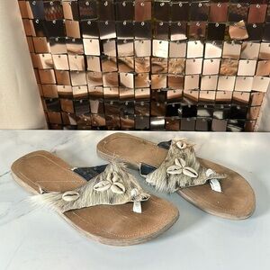 HANDMADE Cream & Brown Pony Hair Sandals w Shell Details Size 38 (7.5)